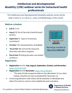 Intellectual/Developmental Disability Webinar Series for Behavioral Health Professionals Schedule